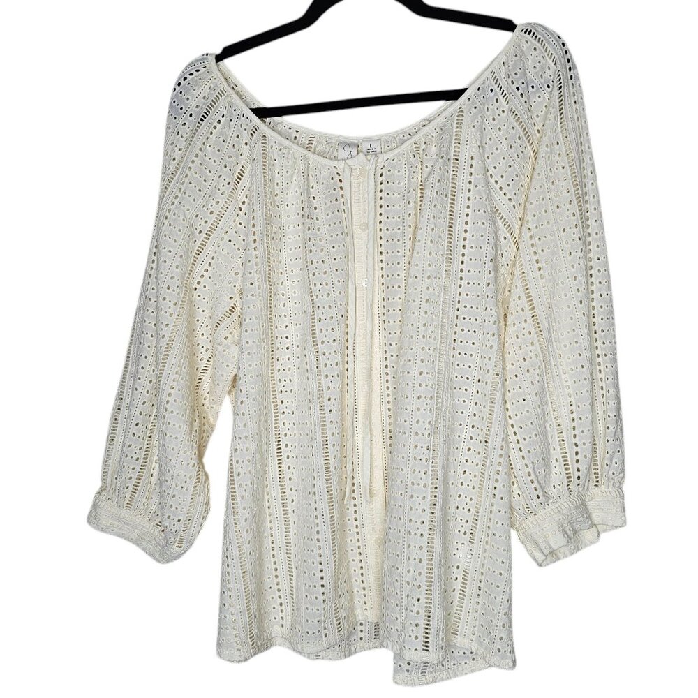 Joie L Cream Eyelet Balloon Sleeve Top Cottagecore Boho Western Coastal Beach